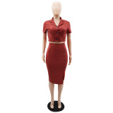 Women casual solid color crop top + slit midi skirt set