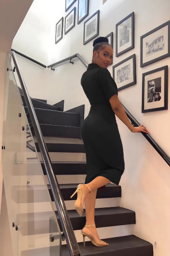 Women casual solid color crop top + slit midi skirt set