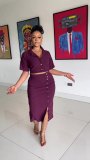 Women casual solid color crop top + slit midi skirt set