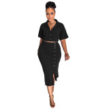 Women casual solid color crop top + slit midi skirt set