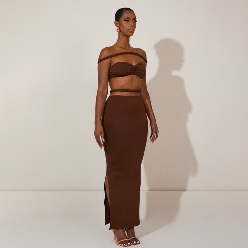 Women party sexy solid color bra + midi skirt set