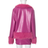 Autumn and winter leather fur collar cardigan jacket tight skirt set