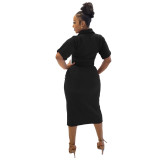 Women casual solid color crop top + slit midi skirt set
