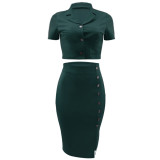 Women casual solid color crop top + slit midi skirt set