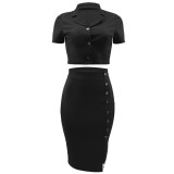 Women casual solid color crop top + slit midi skirt set