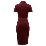 Women casual solid color crop top + slit midi skirt set