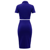 Women casual solid color crop top + slit midi skirt set