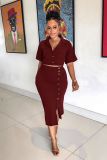 Women casual solid color crop top + slit midi skirt set