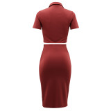 Women casual solid color crop top + slit midi skirt set
