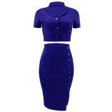 Women casual solid color crop top + slit midi skirt set