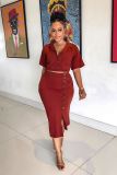 Women casual solid color crop top + slit midi skirt set