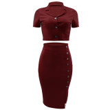Women casual solid color crop top + slit midi skirt set