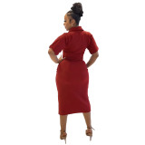 Women casual solid color crop top + slit midi skirt set