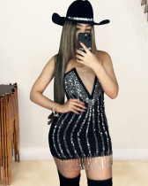 Women black sexy mesh diamond tassel party dress