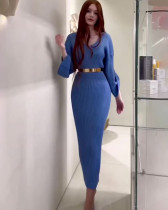 Winter knitted pullover V-neck long slim dress with belt