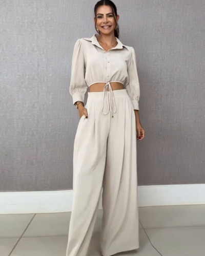 Women Drawstring Cropped Shirt Wide-Leg Pants Set