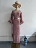 Winter knitted pullover V-neck long slim dress with belt