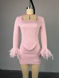 Autumn Elegant Feather Long Sleeve Top High Waist Skirt Two-piece Set
