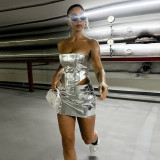 Metallic PU leather tight-fitting strapless top mini skirt women's two-piece set
