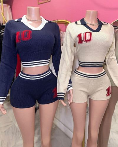 Women's sports style suit lapel contrast color elastic long sleeve top shorts suit
