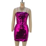 Metallic PU leather tight-fitting strapless top mini skirt women's two-piece set