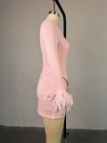 Autumn Elegant Feather Long Sleeve Top High Waist Skirt Two-piece Set