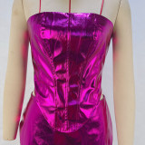 Metallic PU leather tight-fitting strapless top mini skirt women's two-piece set