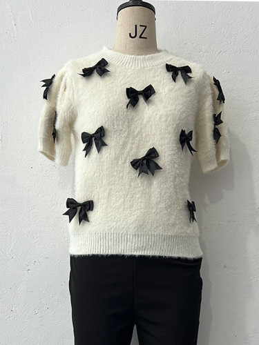 Lady French Sweet Round Neck Bow Short Sleeve Pullover Knitted Sweater