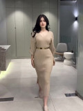 Winter knitted pullover V-neck long slim dress with belt