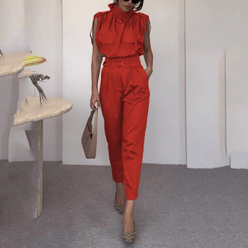 Women Street Style Solid Color Top High Waist Pants Set