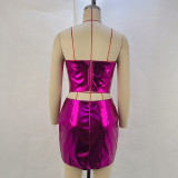 Metallic PU leather tight-fitting strapless top mini skirt women's two-piece set