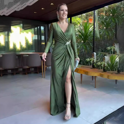 Lady V-neck solid color long sleeve slim cross retro women's long evening dress
