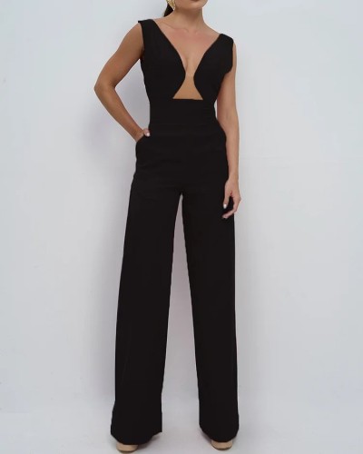 Women's sleeveless solid color loose sexy jumpsuit