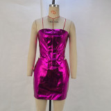 Metallic PU leather tight-fitting strapless top mini skirt women's two-piece set