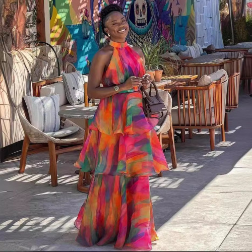 Summer Fashionable Halter Tie-Dye Puffy Cake Long Dress