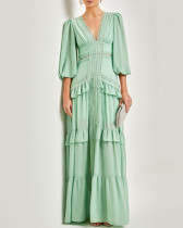 Elegant  hollow out long sleeve V-neck  women's long dress
