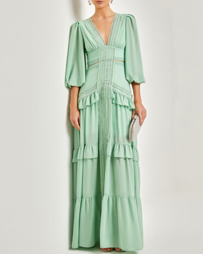 Elegant  hollow out long sleeve V-neck  women's long dress