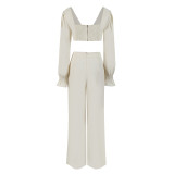 Solid Color Long Sleeve V Neck Open Back Split Two Piece Wide Leg Long Women's Pants Suit