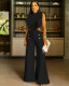 Solid color round neck ruffled elastic waist ladies wide leg jumpsuit