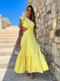Pure yellow one-shoulder elegant A-line long dress for women