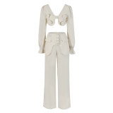 Solid Color Long Sleeve V Neck Open Back Split Two Piece Wide Leg Long Women's Pants Suit