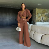 Solid Color Long Sleeve V Neck Open Back Split Two Piece Wide Leg Long Women's Pants Suit