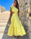 Pure yellow one-shoulder elegant A-line long dress for women