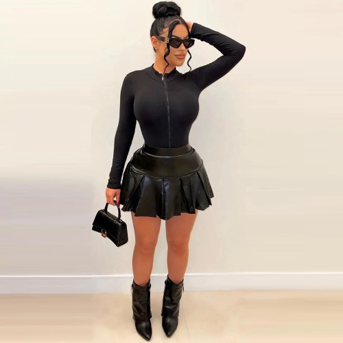 Women long sleeve bodysuit leather skirt two piece suit