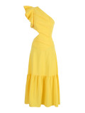 Pure yellow one-shoulder elegant A-line long dress for women