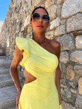 Pure yellow one-shoulder elegant A-line long dress for women