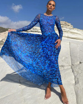 Blue butterfly print long sleeve one piece swimsuit women's cover-up swimming set