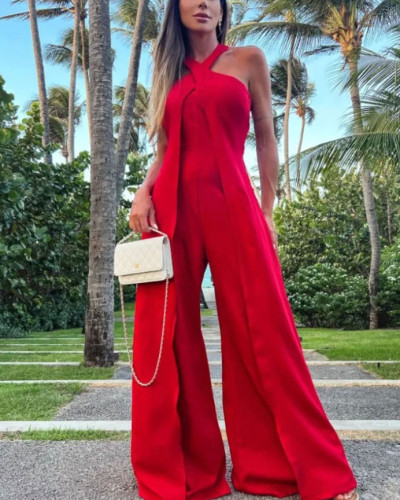 Solid color halter neck strap high waist women's long wide leg jumpsuit