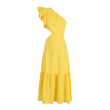 Pure yellow one-shoulder elegant A-line long dress for women