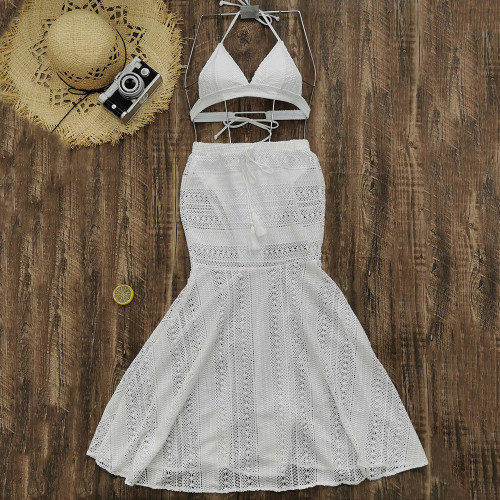 Beach cover-ups three-piece bikini swimsuit pure white lace set